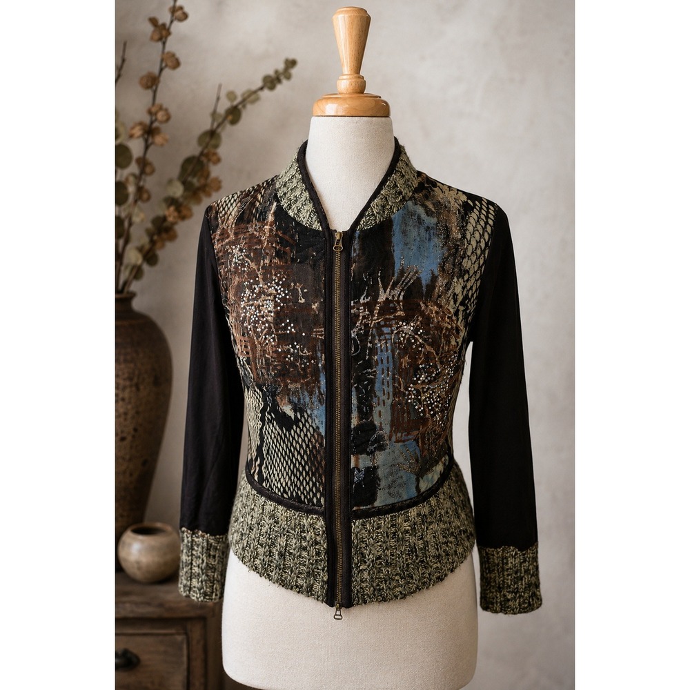 Alberto Makali Wearable Art Eclectic Jacket Rhinestone Animal Print Knit Large
